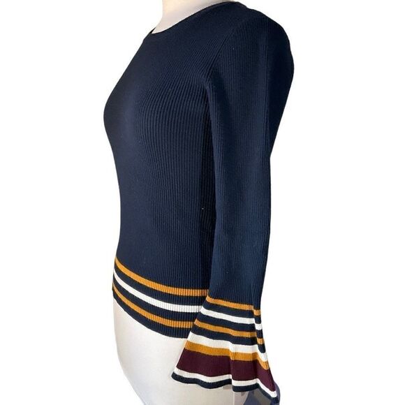 Marled Bell Sleeve Ribbed Contrast Sweater, M, Navy - Picture 2 of 14